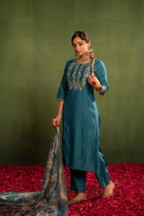 Teal,  Embroidered Kurta Set with Jacquard Dupatta