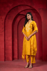 Sunlit Mustard Embroidered Kurta Set with Zari Checked Dupatta-P1910MUSTARD