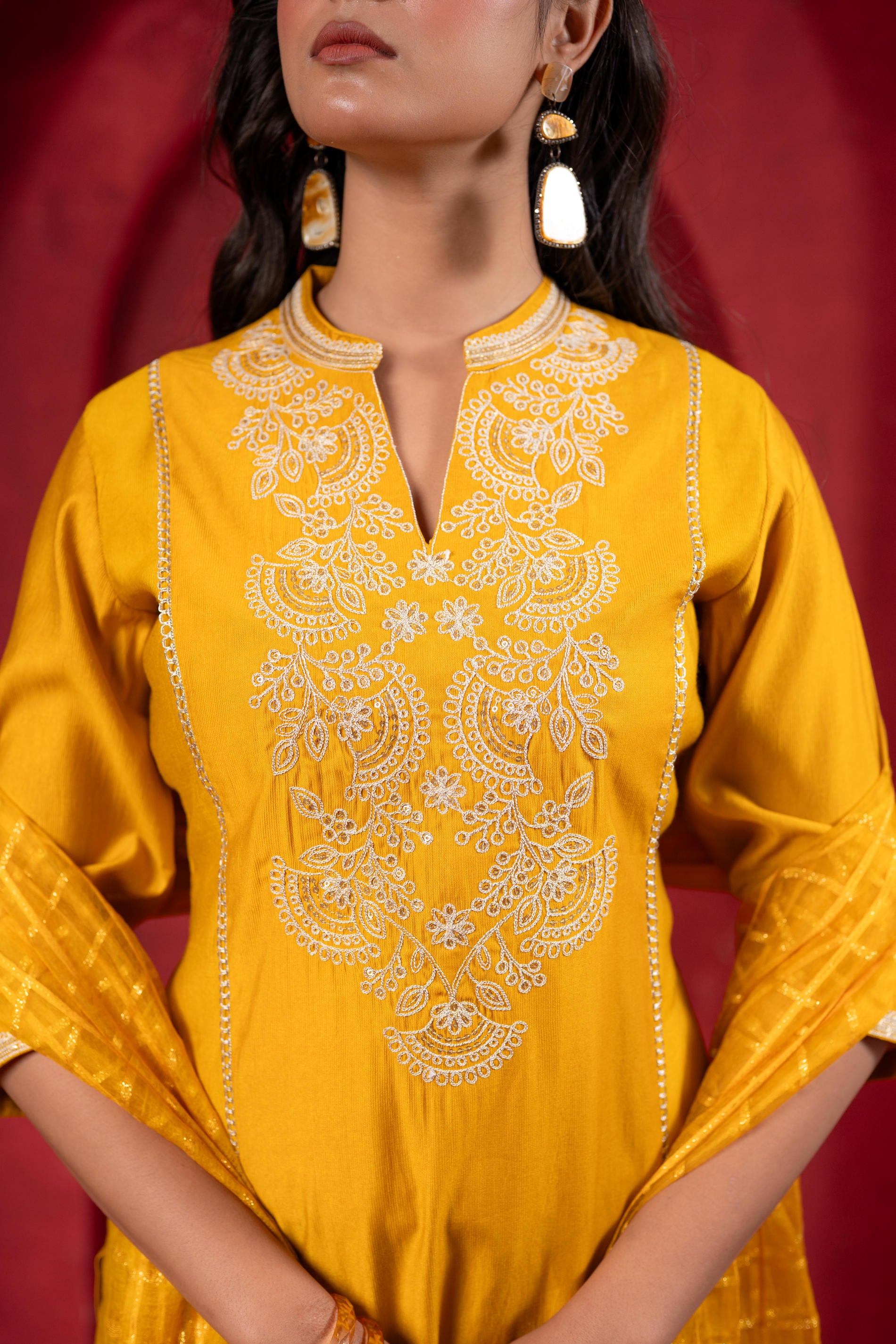 Sunlit Mustard Embroidered Kurta Set with Zari Checked Dupatta-P1910MUSTARD