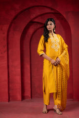 Sunlit Mustard Embroidered Kurta Set with Zari Checked Dupatta-P1910MUSTARD