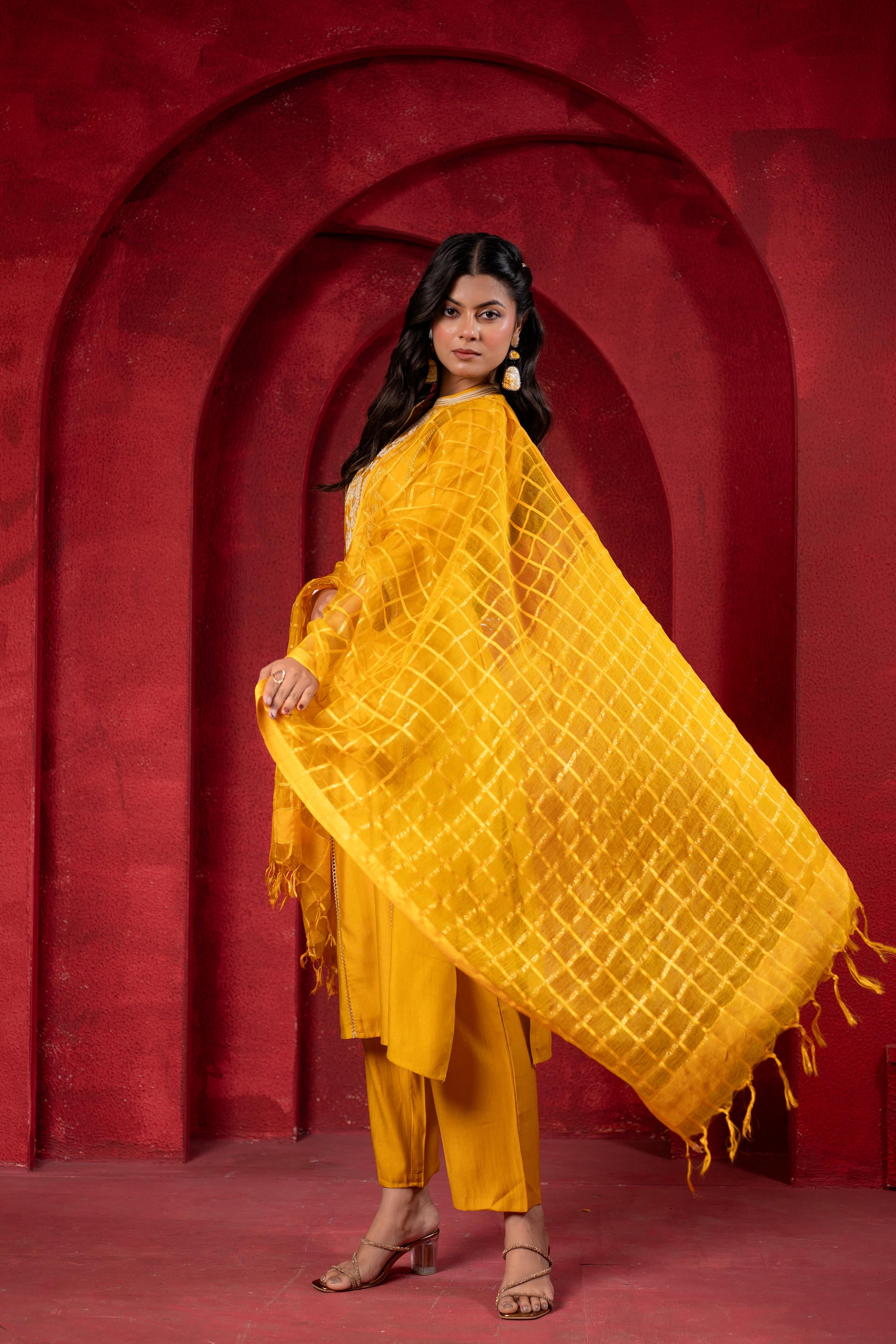 Sunlit Mustard Embroidered Kurta Set with Zari Checked Dupatta-P1910MUSTARD