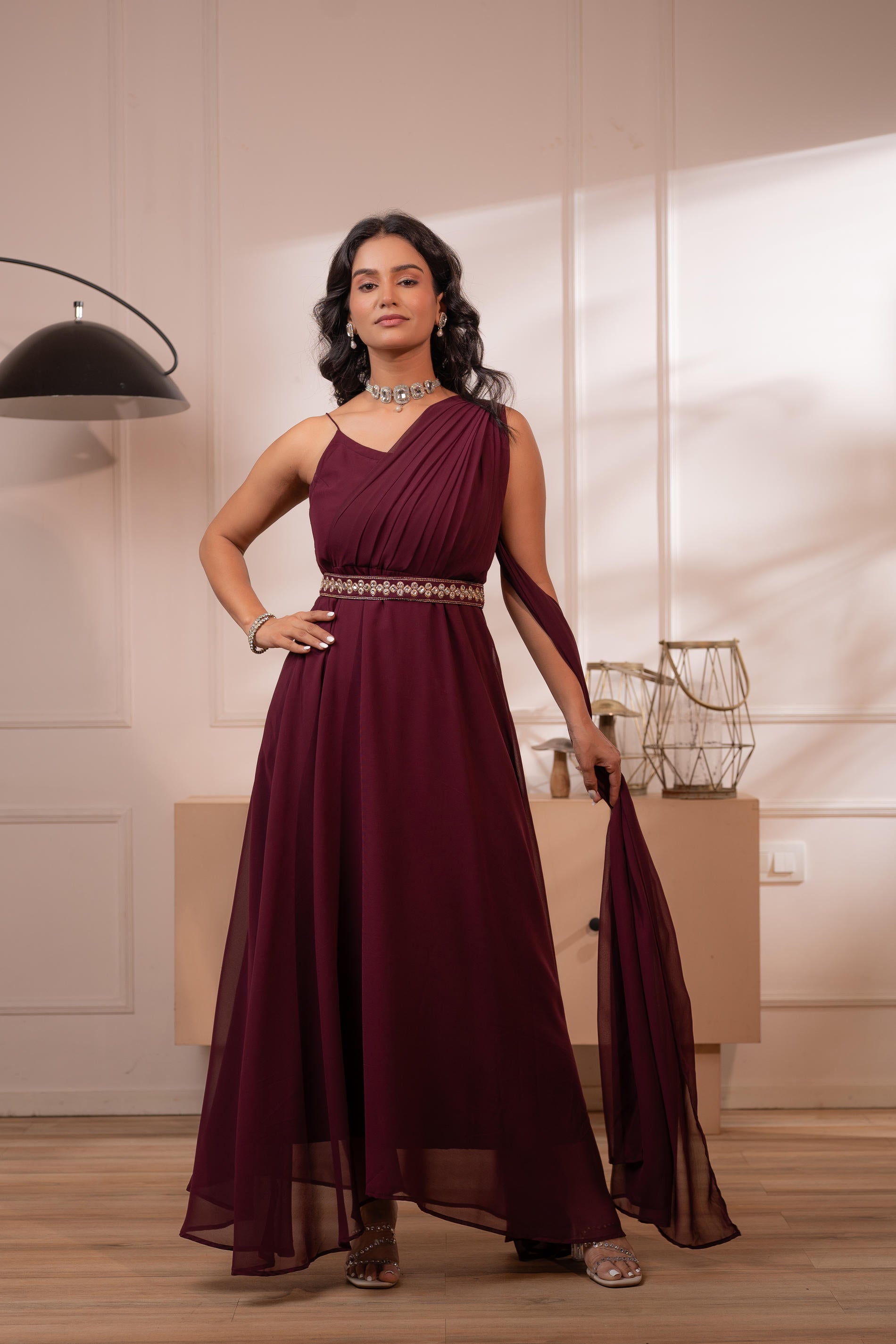 Wine Whispers One-Shoulder Gown-P1912MAROON