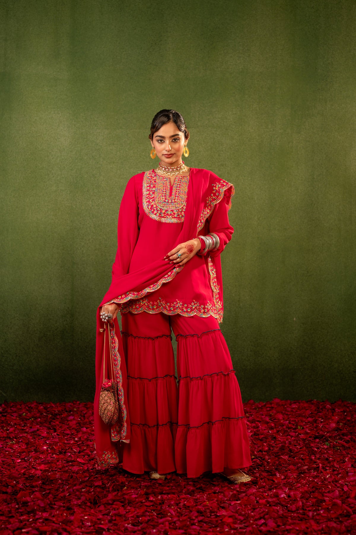 Pink Embroidered Kurta Sharara Set with Dupatta