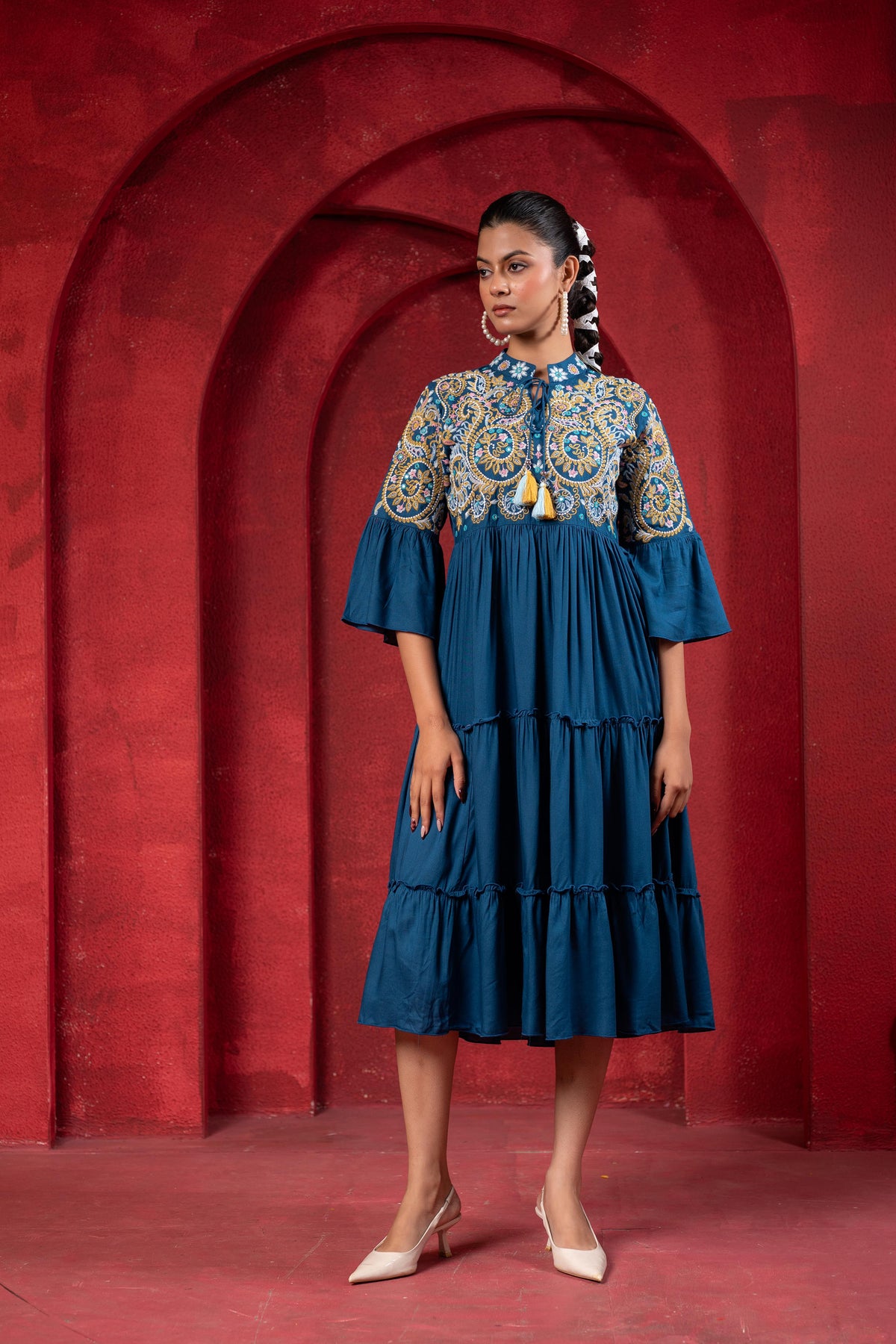 Indigo Tiered Dress with Multicolor Embroidered Yoke and Tassel Tie-Up-P1915INDIGO