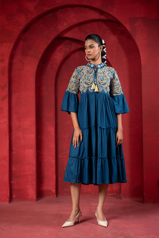 Indigo Tiered Dress with Multicolor Embroidered Yoke and Tassel Tie-Up-P1915INDIGO 1900