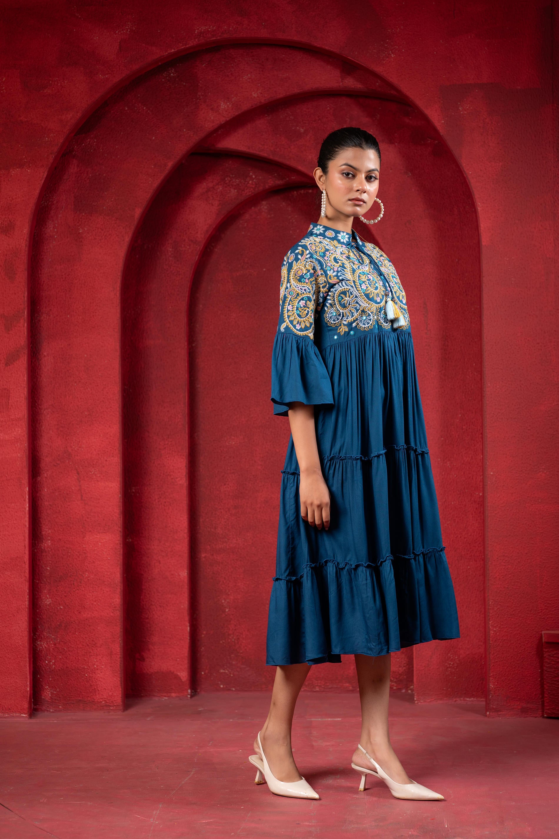 Indigo Tiered Dress with Multicolor Embroidered Yoke and Tassel Tie-Up-P1915INDIGO