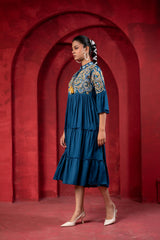 Indigo Tiered Dress with Multicolor Embroidered Yoke and Tassel Tie-Up-P1915INDIGO