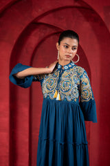 Indigo Tiered Dress with Multicolor Embroidered Yoke and Tassel Tie-Up-P1915INDIGO