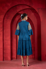 Indigo Tiered Dress with Multicolor Embroidered Yoke and Tassel Tie-Up-P1915INDIGO