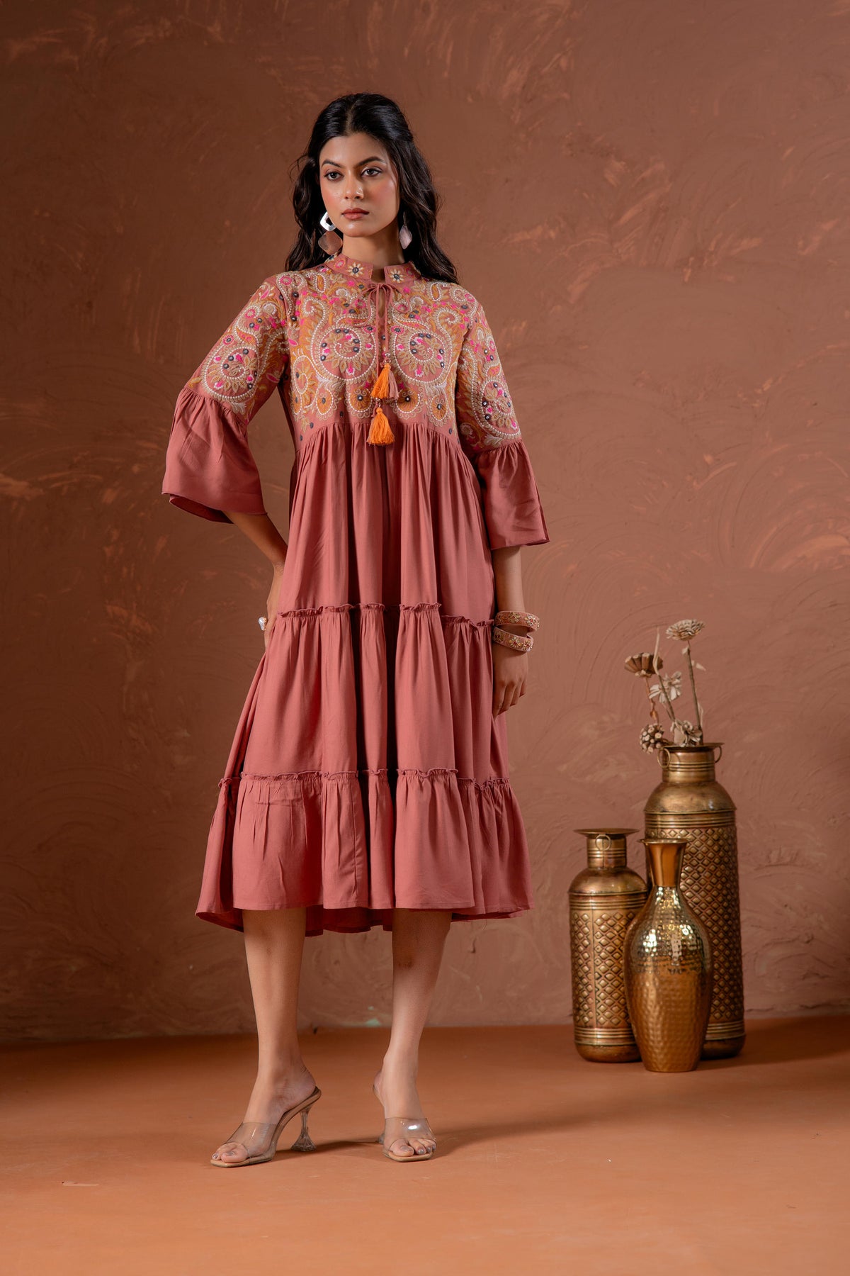 Rust Tiered Dress with Multicolor Embroidered Yoke and Tassel Tie-Up-P1915RUST
