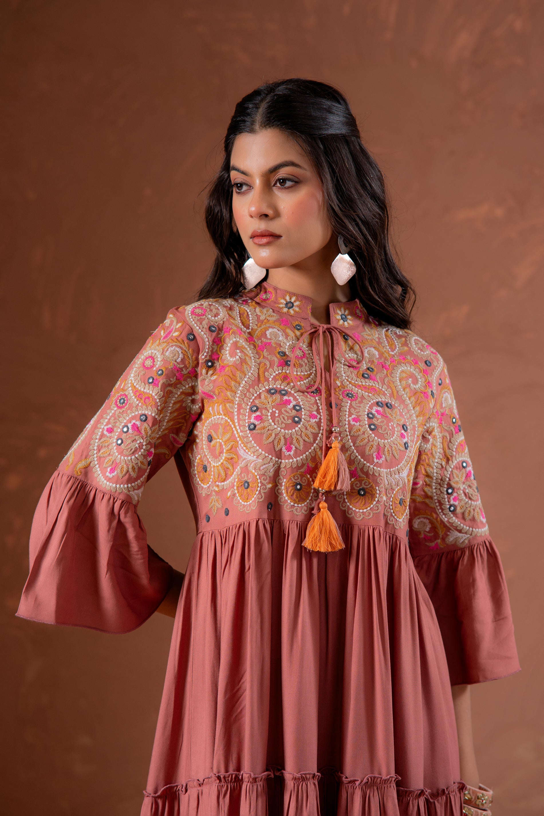 Rust Tiered Dress with Multicolor Embroidered Yoke and Tassel Tie-Up-P1915RUST