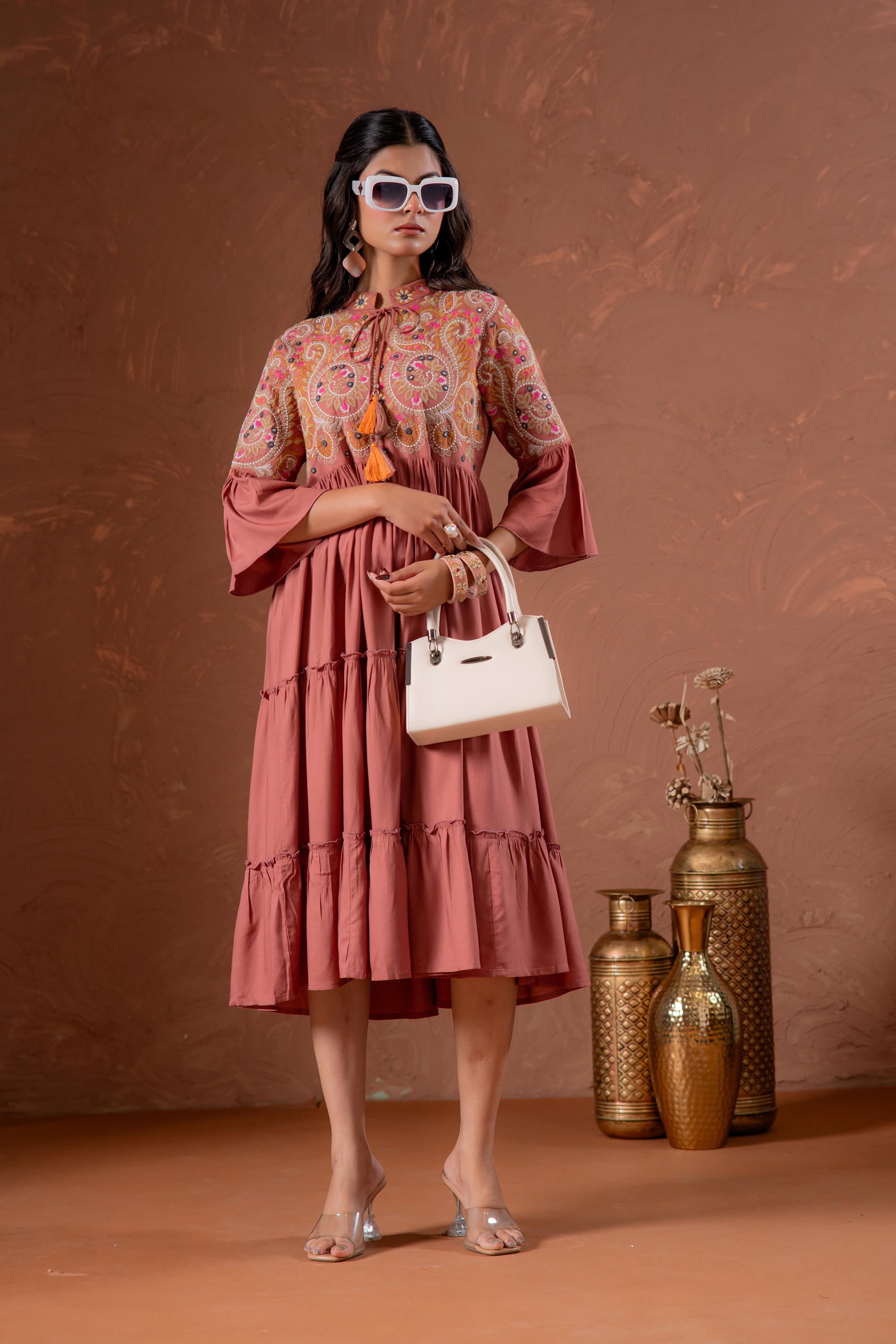 Rust Tiered Dress with Multicolor Embroidered Yoke and Tassel Tie-Up-P1915RUST
