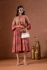 Rust Tiered Dress with Multicolor Embroidered Yoke and Tassel Tie-Up-P1915RUST