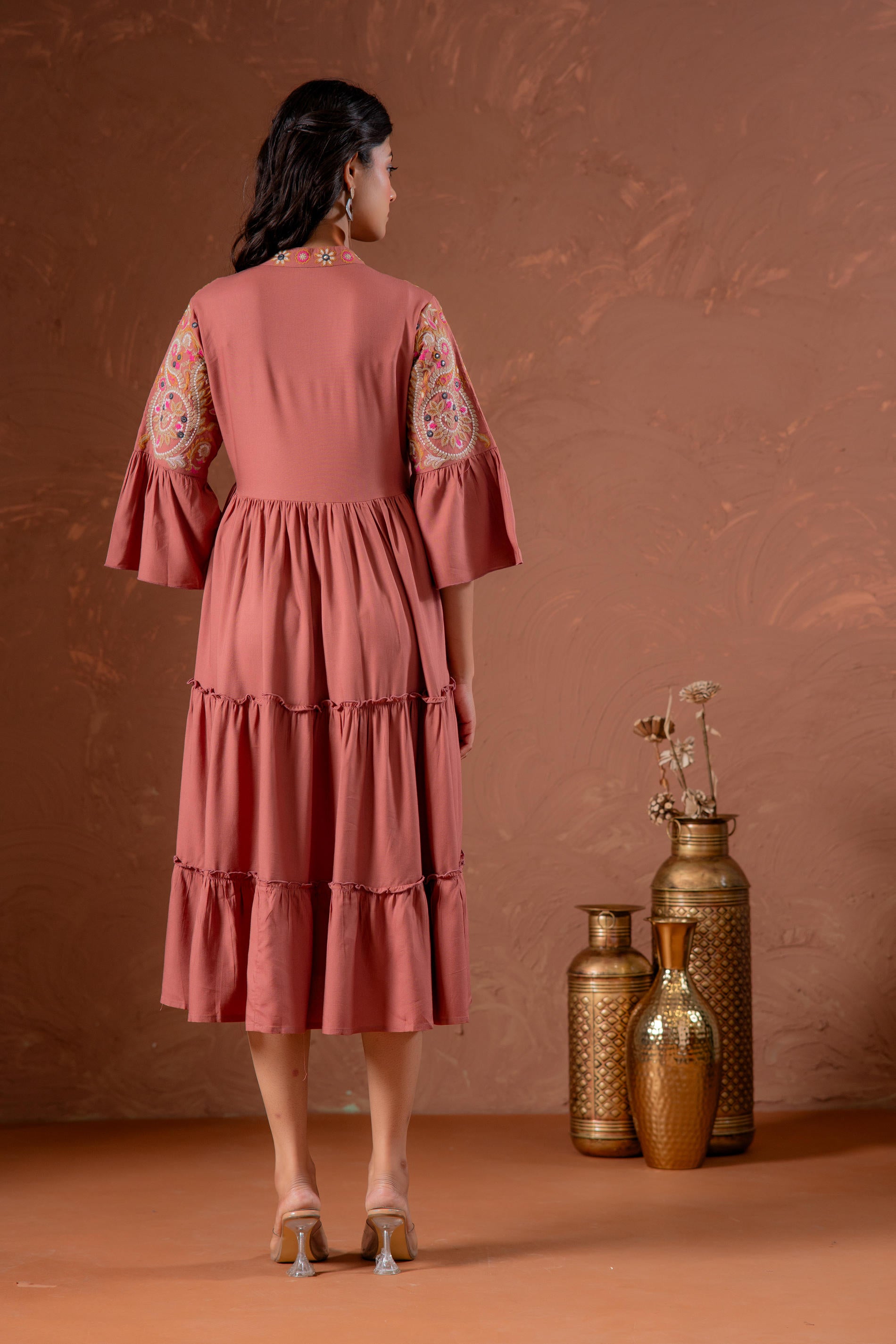 Rust Tiered Dress with Multicolor Embroidered Yoke and Tassel Tie-Up-P1915RUST