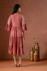 Rust Tiered Dress with Multicolor Embroidered Yoke and Tassel Tie-Up-P1915RUST