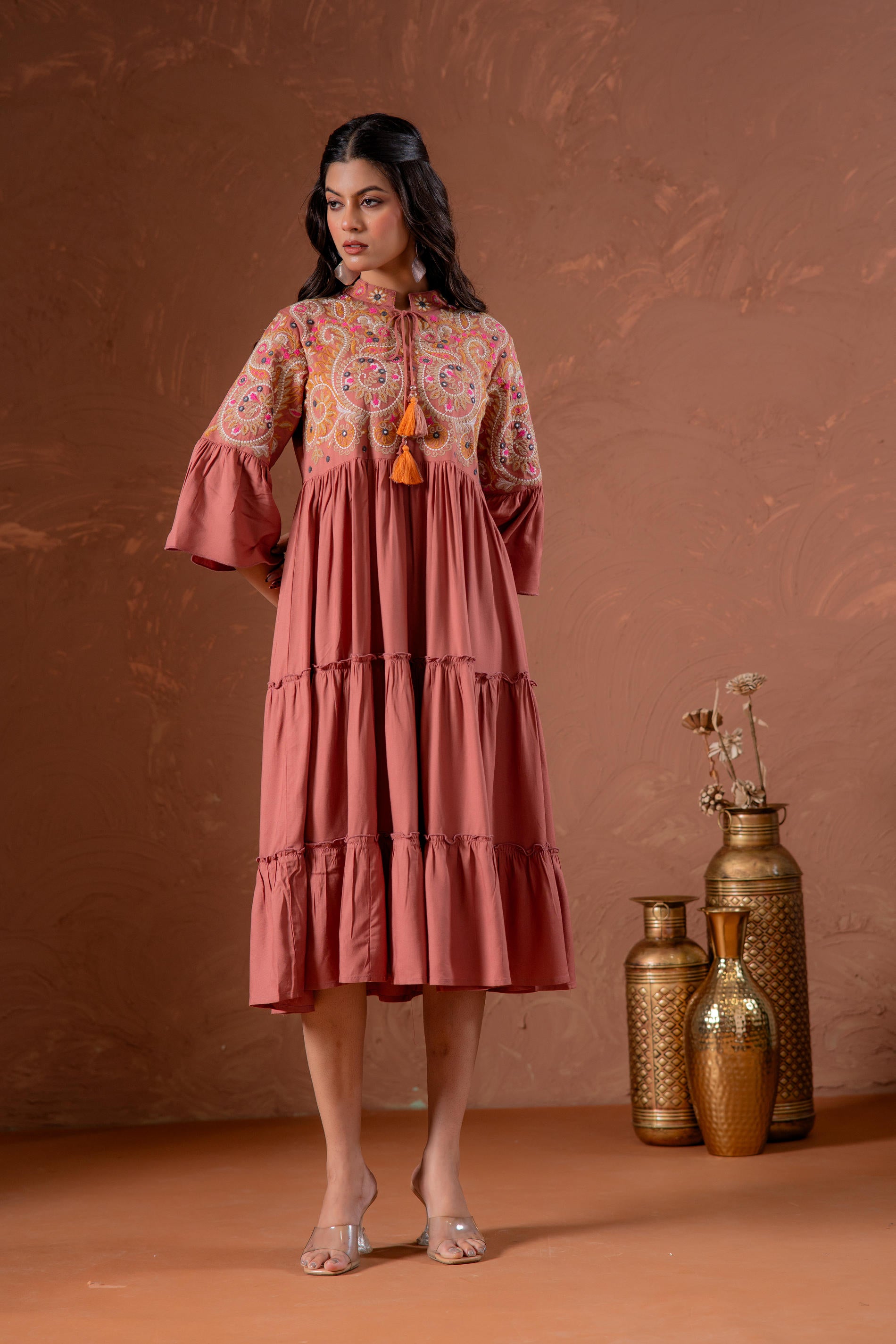Rust Tiered Dress with Multicolor Embroidered Yoke and Tassel Tie-Up-P1915RUST