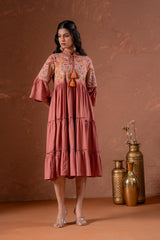 Rust Tiered Dress with Multicolor Embroidered Yoke and Tassel Tie-Up-P1915RUST