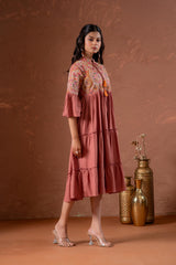Rust Tiered Dress with Multicolor Embroidered Yoke and Tassel Tie-Up-P1915RUST