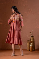 Rust Tiered Dress with Multicolor Embroidered Yoke and Tassel Tie-Up-P1915RUST