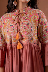 Rust Tiered Dress with Multicolor Embroidered Yoke and Tassel Tie-Up-P1915RUST