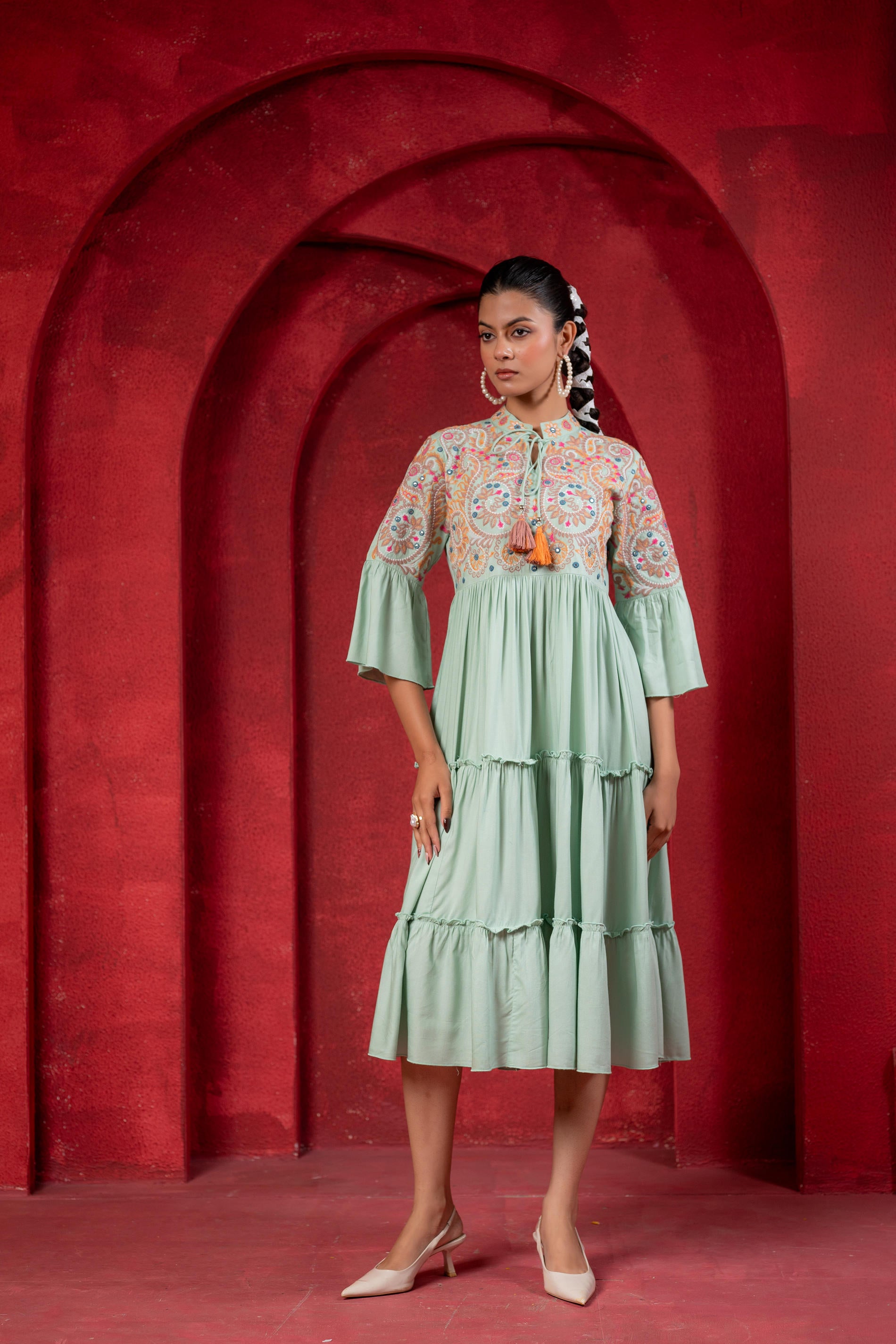 Sage Green Tiered Dress with Multicolor Embroidered Yoke and Tassel Tie-Up-P1915SAGEGREEN Green / XL