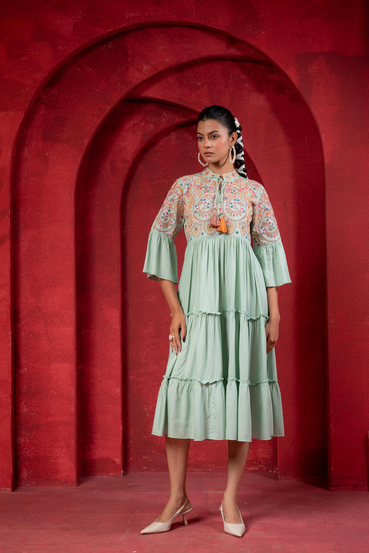 Sage Green Tiered Dress with Multicolor Embroidered Yoke and Tassel Tie-Up-P1915SAGEGREEN