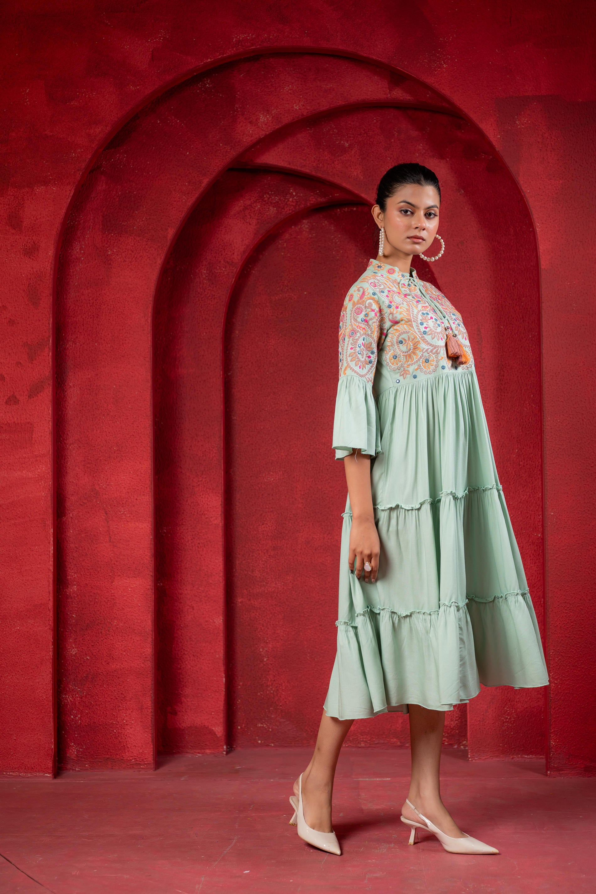 Sage Green Tiered Dress with Multicolor Embroidered Yoke and Tassel Tie-Up-P1915SAGEGREEN