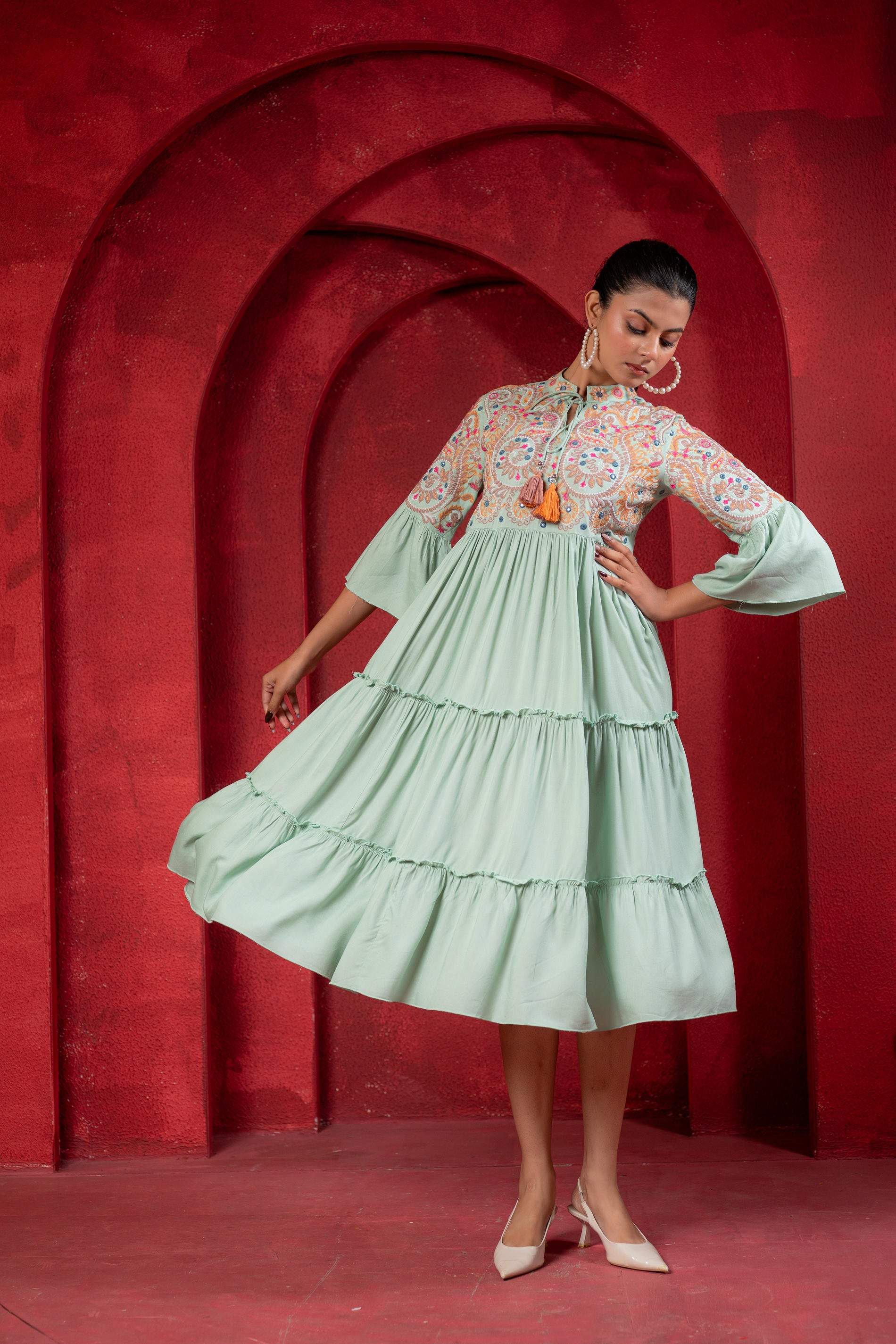 Sage Green Tiered Dress with Multicolor Embroidered Yoke and Tassel Tie-Up-P1915SAGEGREEN