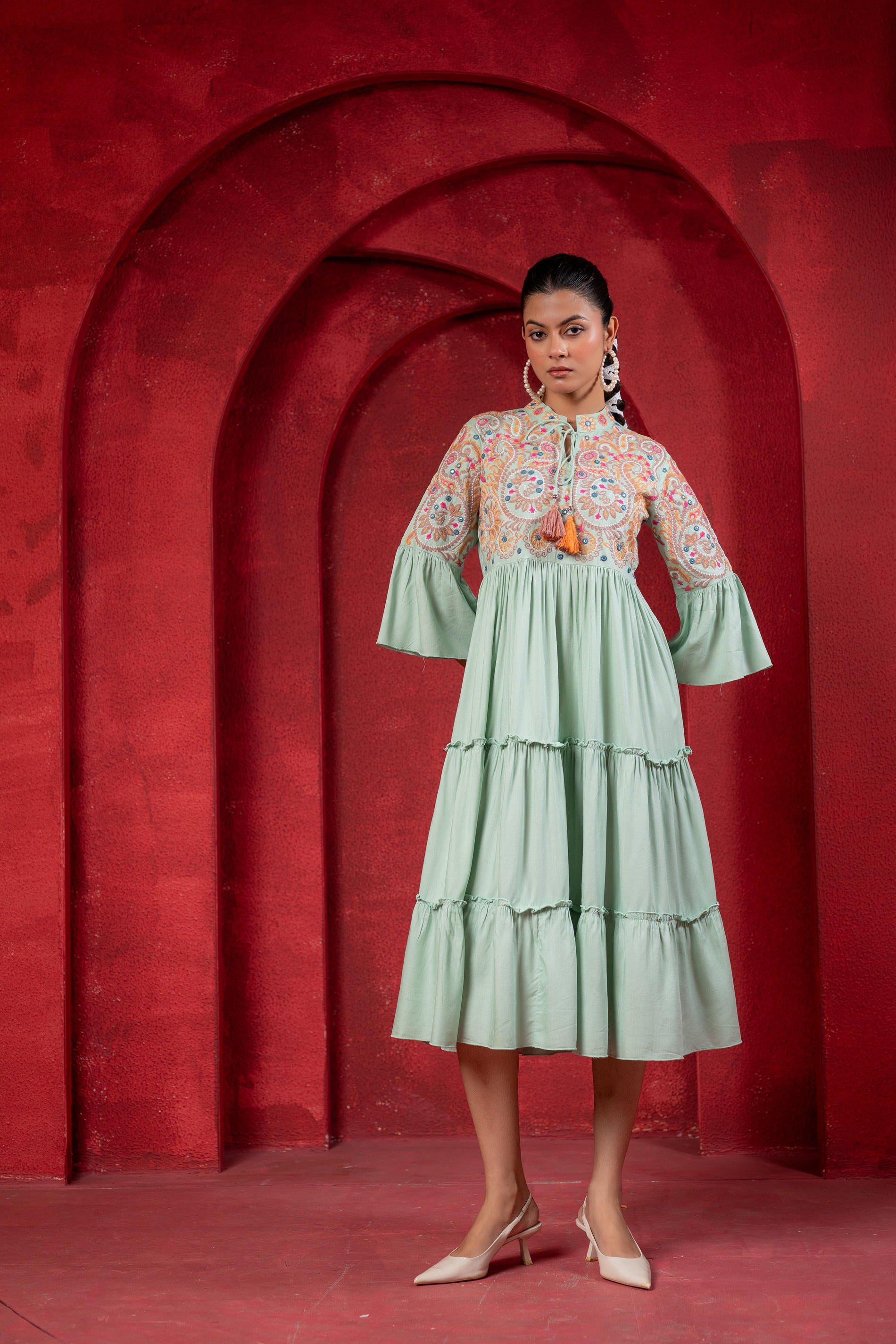 Sage Green Tiered Dress with Multicolor Embroidered Yoke and Tassel Tie-Up-P1915SAGEGREEN