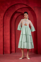 Sage Green Tiered Dress with Multicolor Embroidered Yoke and Tassel Tie-Up-P1915SAGEGREEN