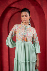 Sage Green Tiered Dress with Multicolor Embroidered Yoke and Tassel Tie-Up-P1915SAGEGREEN