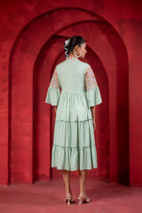 Sage Green Tiered Dress with Multicolor Embroidered Yoke and Tassel Tie-Up-P1915SAGEGREEN