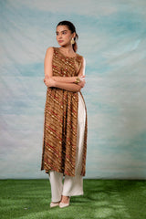 Women's Brown Ethnic Motif Printed Sleeveless Kurta
