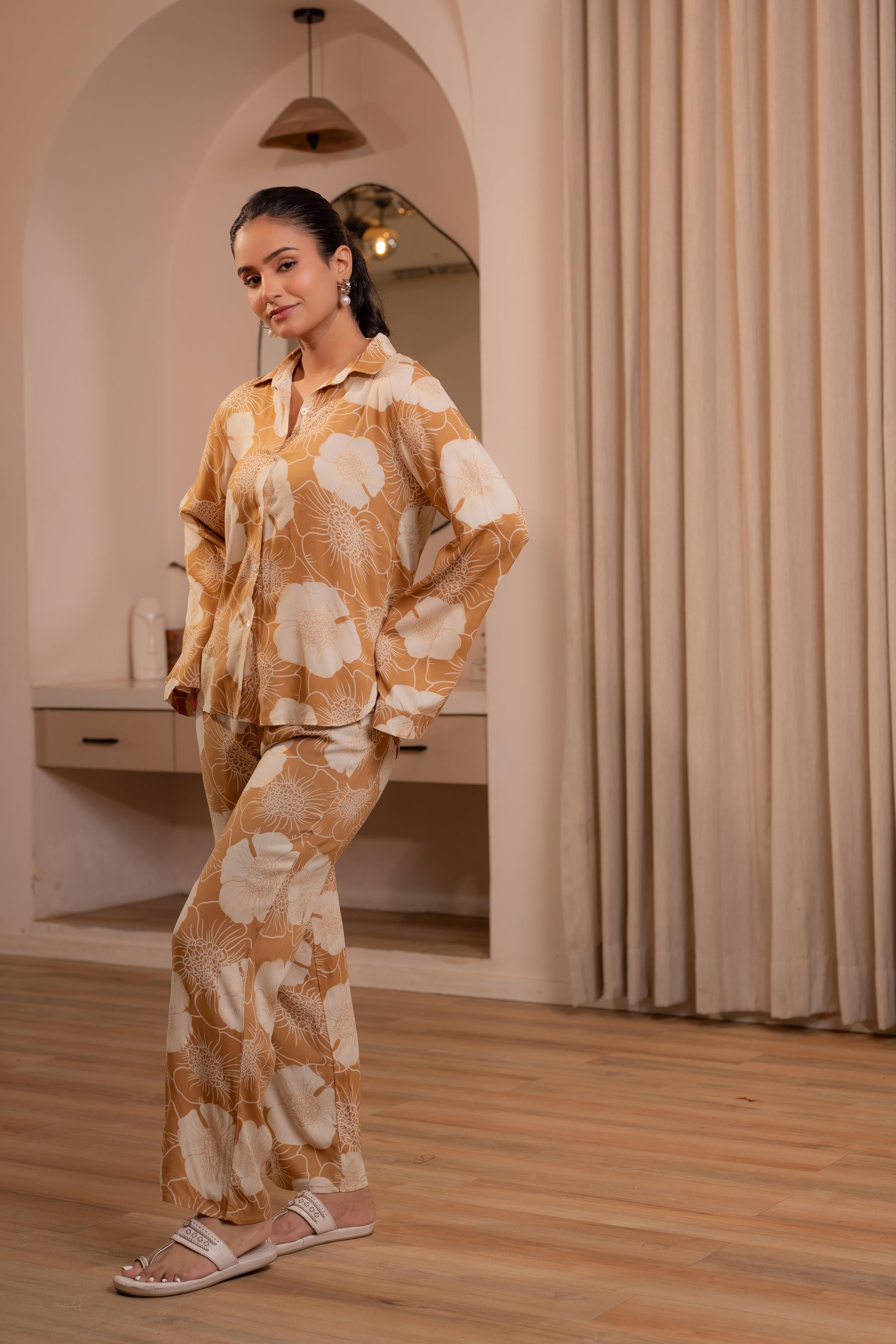 Women's Brown Floral Printed Co-ord Set with Button Details | DesiQlo