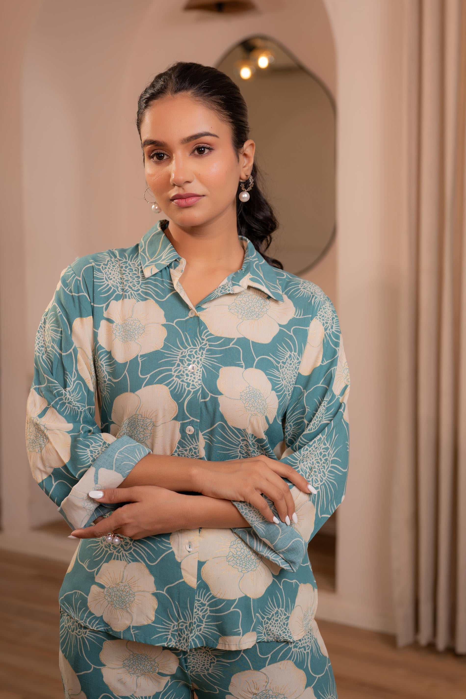 Women's Mint Floral Printed Co-ord Set with Button Details | DesiQlo
