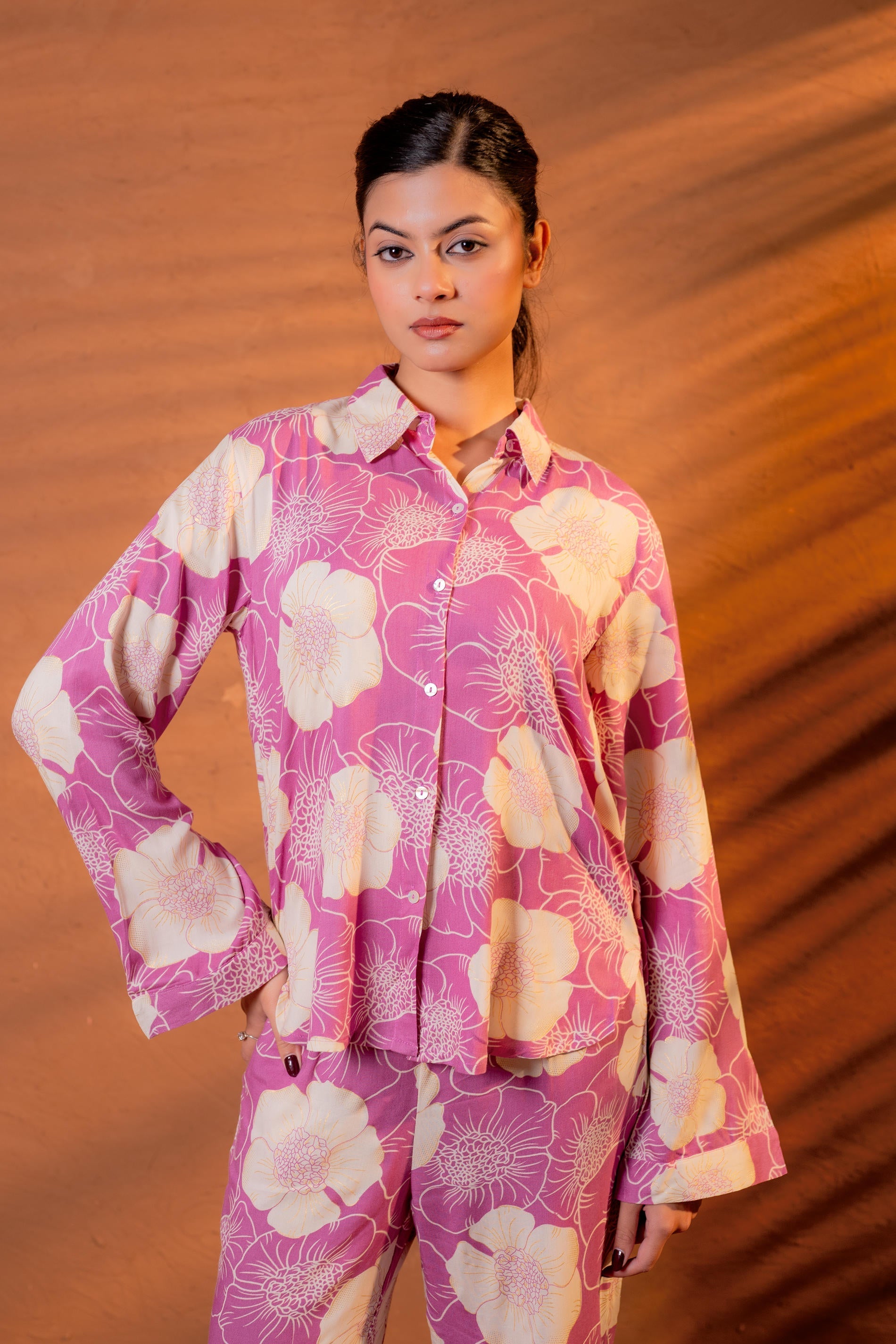 Women’s Relaxed Fit Floral Printed Co-ord Set - Purple - 2 | DesiQlo