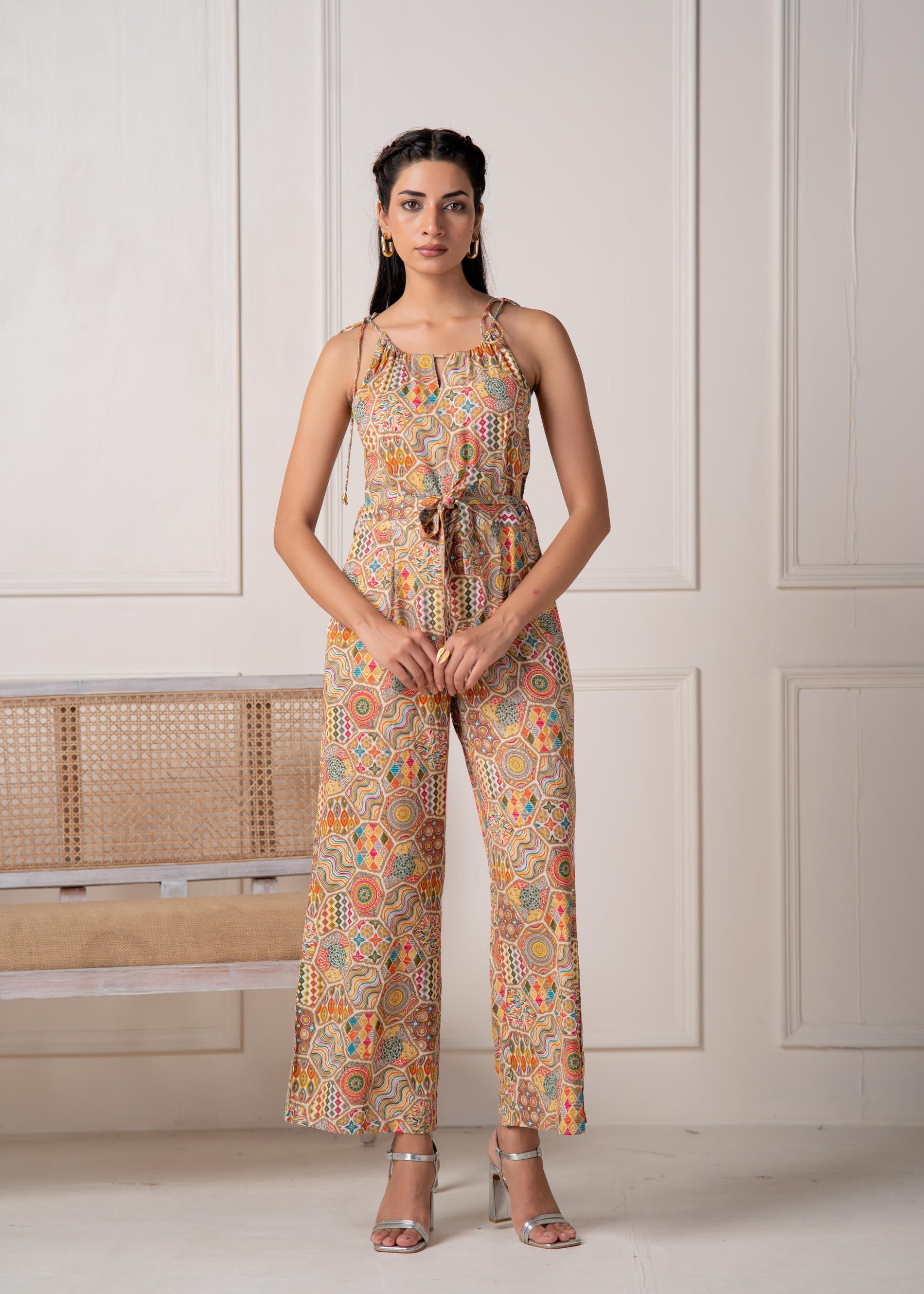 Multi Printed Abstract Viscose Jumpsuit with Belt | DesiQlo