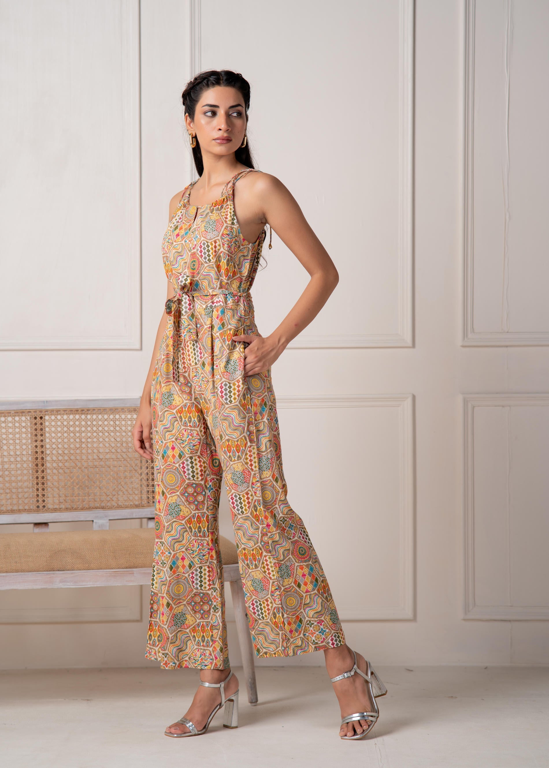 Multi Printed Abstract Viscose Jumpsuit with Belt | DesiQlo