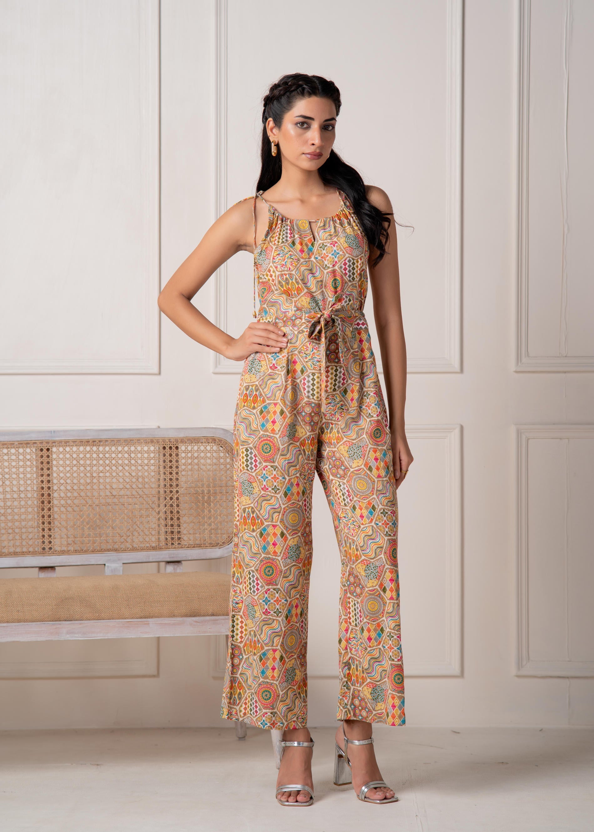 Multi Printed Abstract Viscose Jumpsuit with Belt | DesiQlo