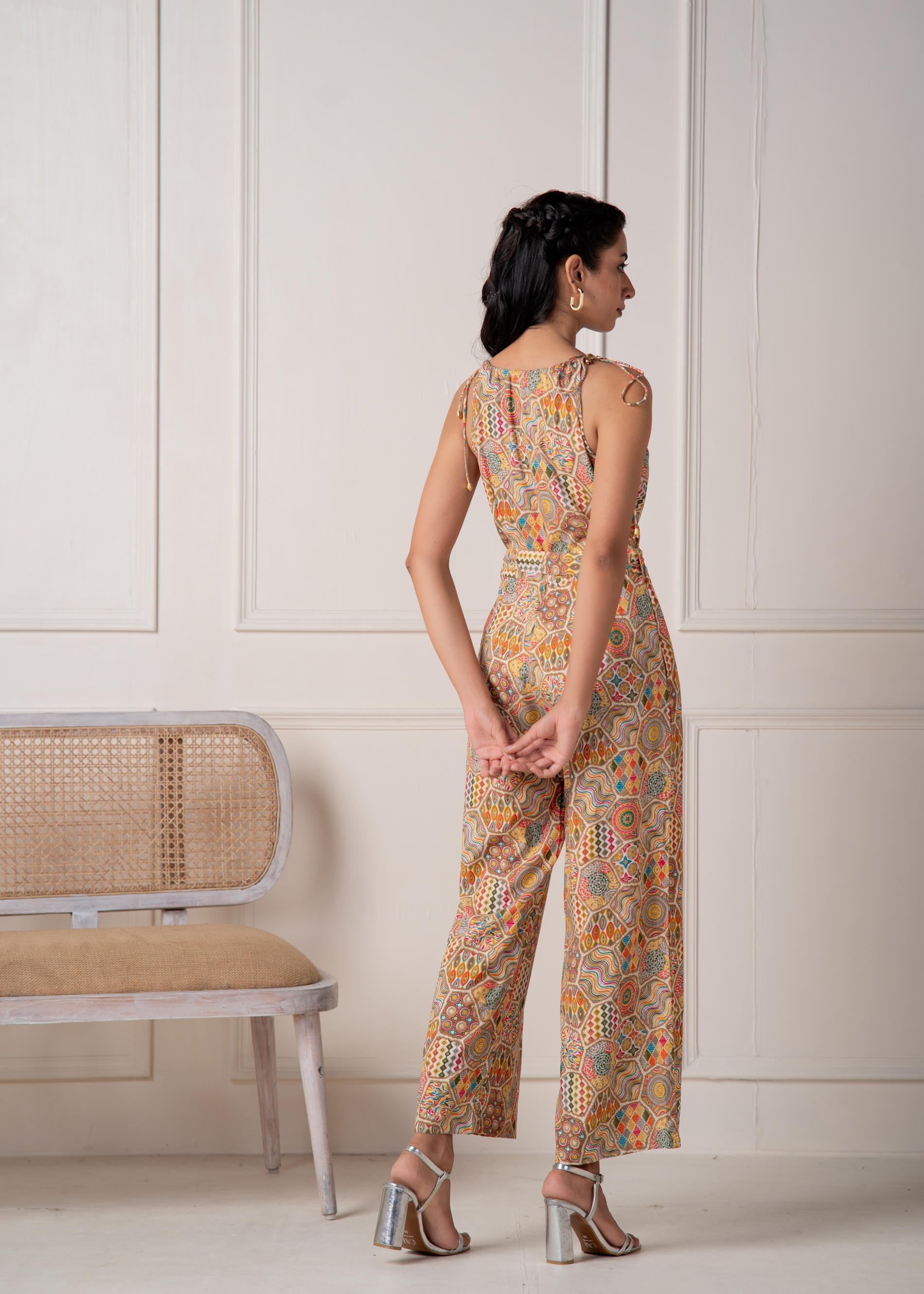 Multi Printed Abstract Viscose Jumpsuit with Belt | DesiQlo