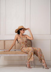 Multi Printed Abstract Viscose Jumpsuit with Belt