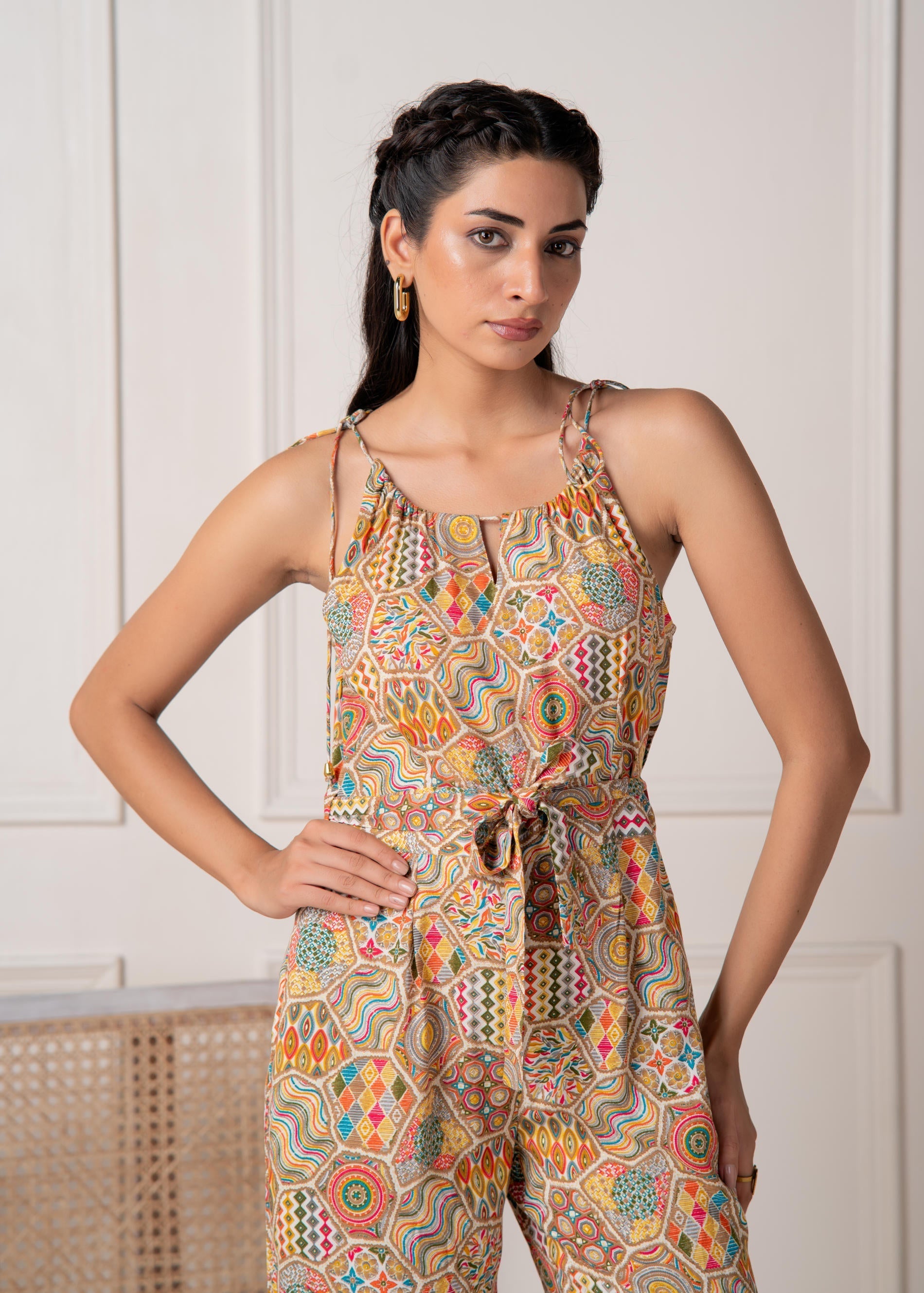 Multi Printed Abstract Viscose Jumpsuit with Belt | DesiQlo