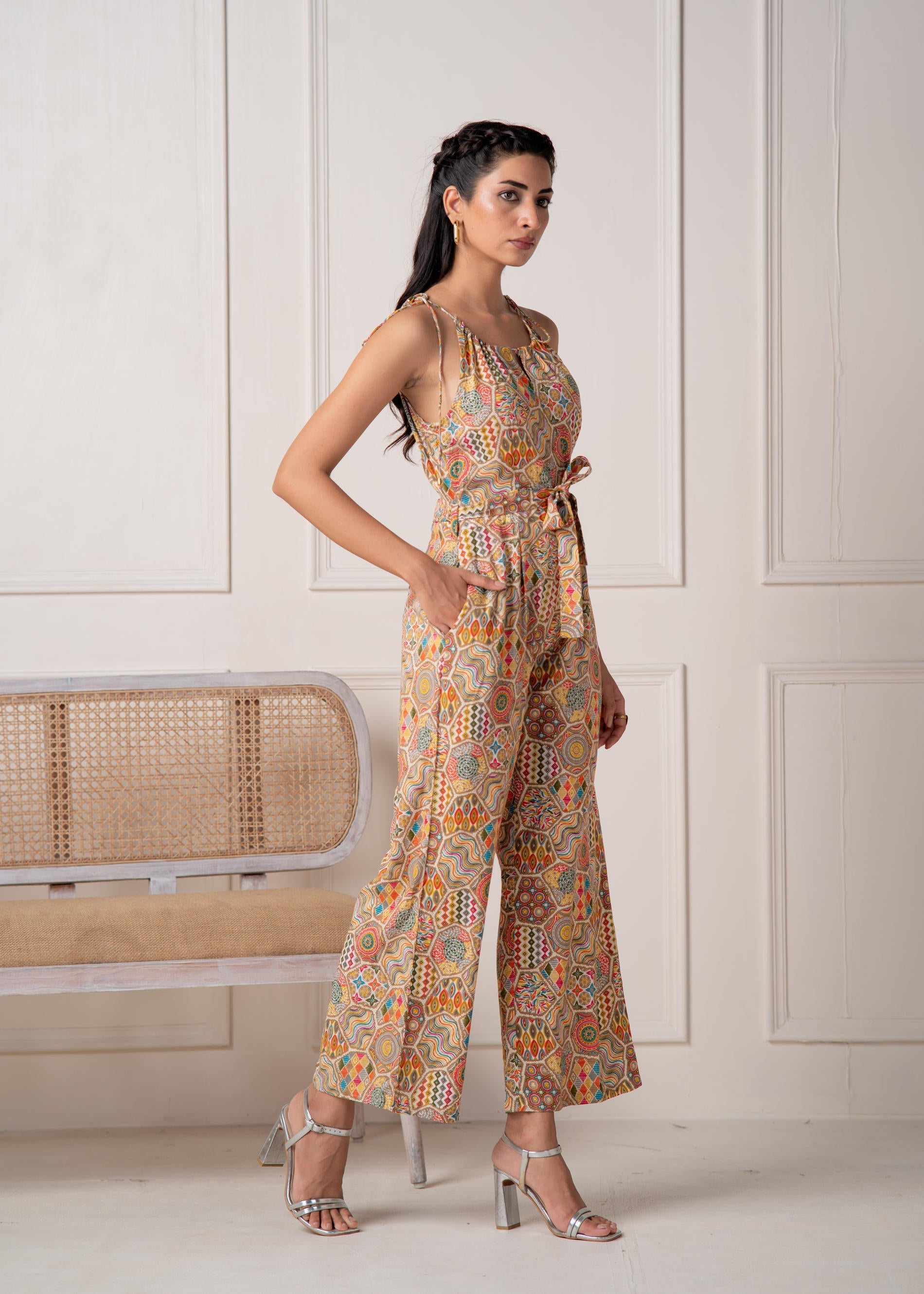 Multi Printed Abstract Viscose Jumpsuit with Belt | DesiQlo