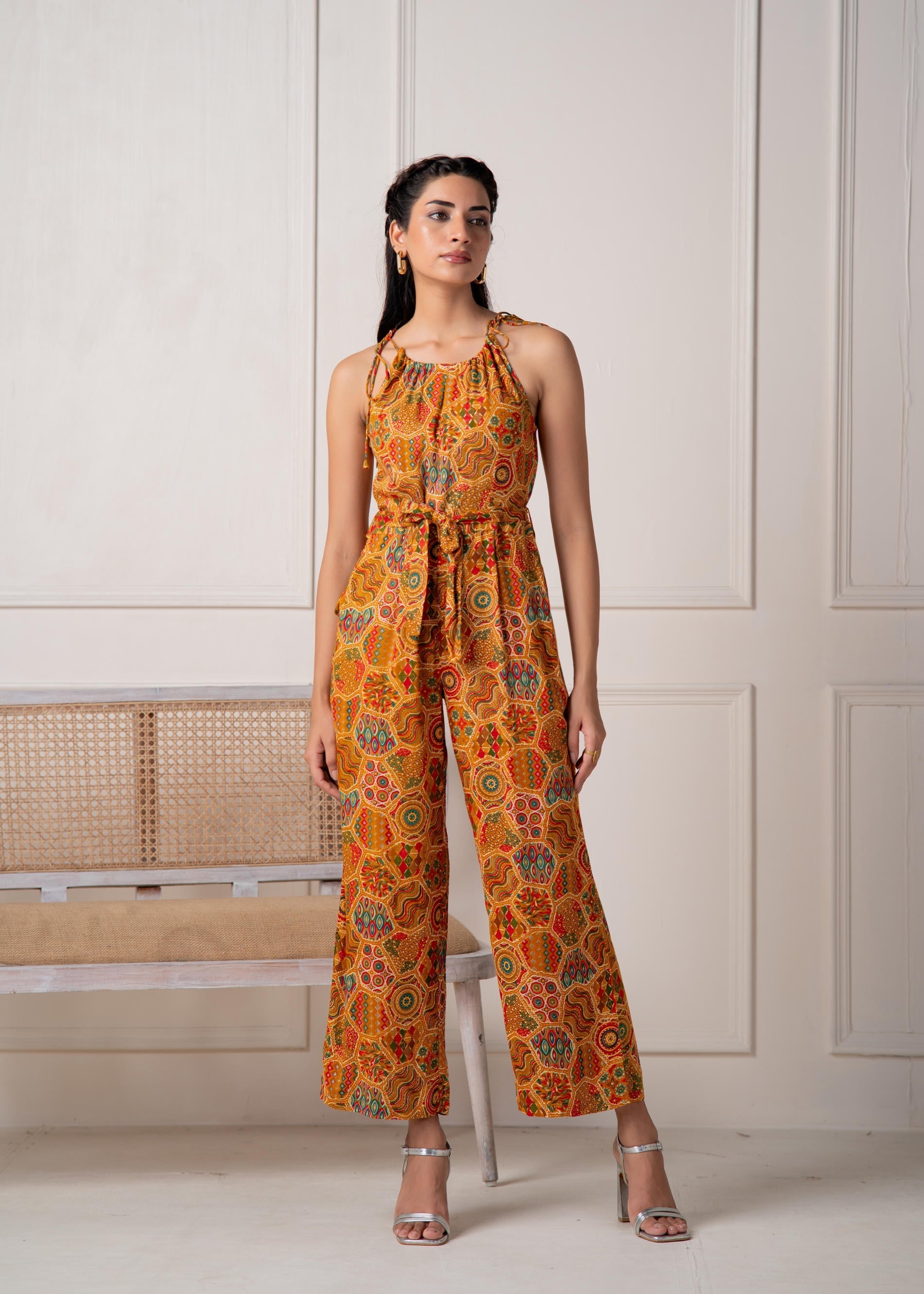 Mustard Printed Abstract Viscose Jumpsuit with Belt | DesiQlo