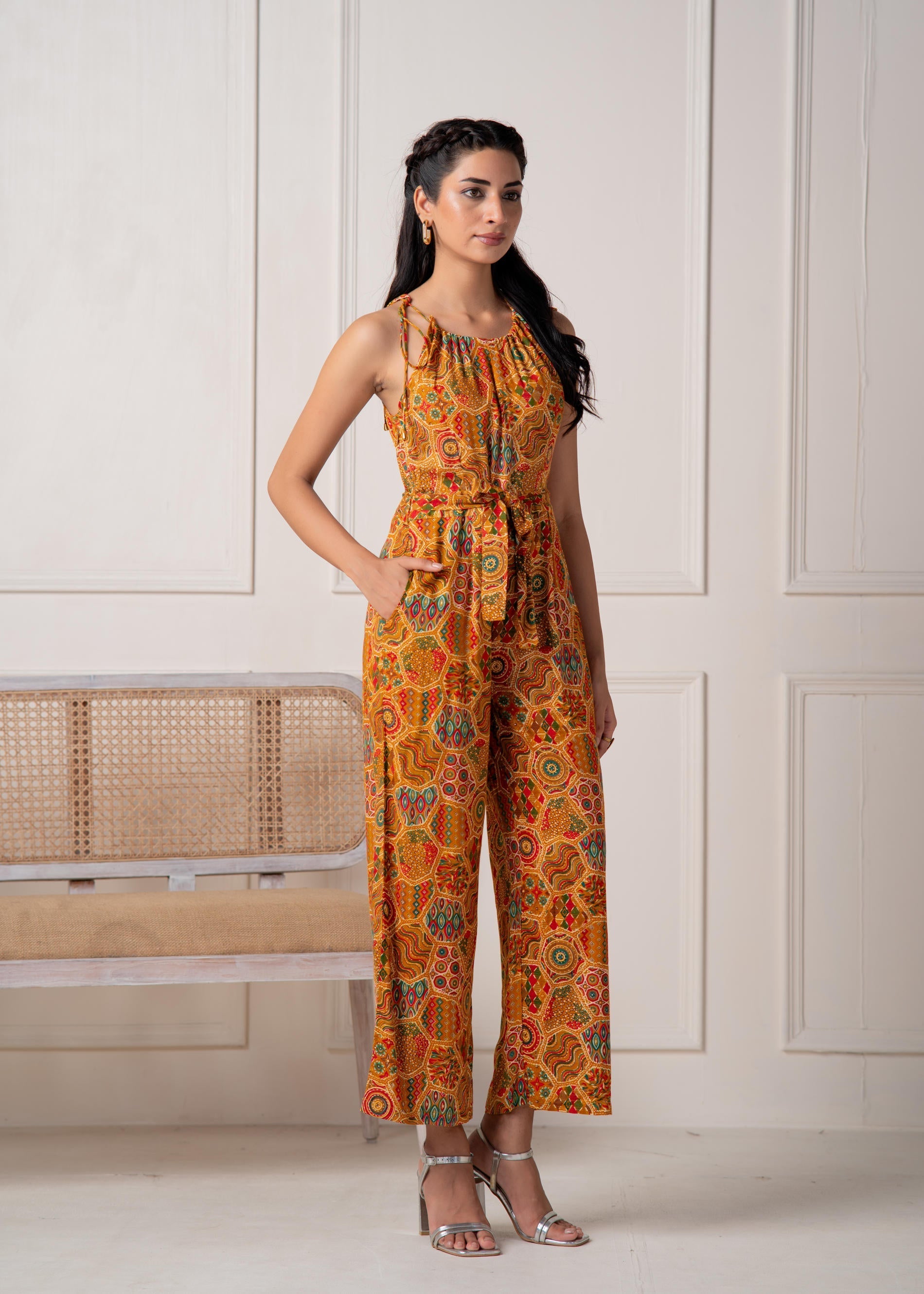 Mustard Printed Abstract Viscose Jumpsuit with Belt | DesiQlo