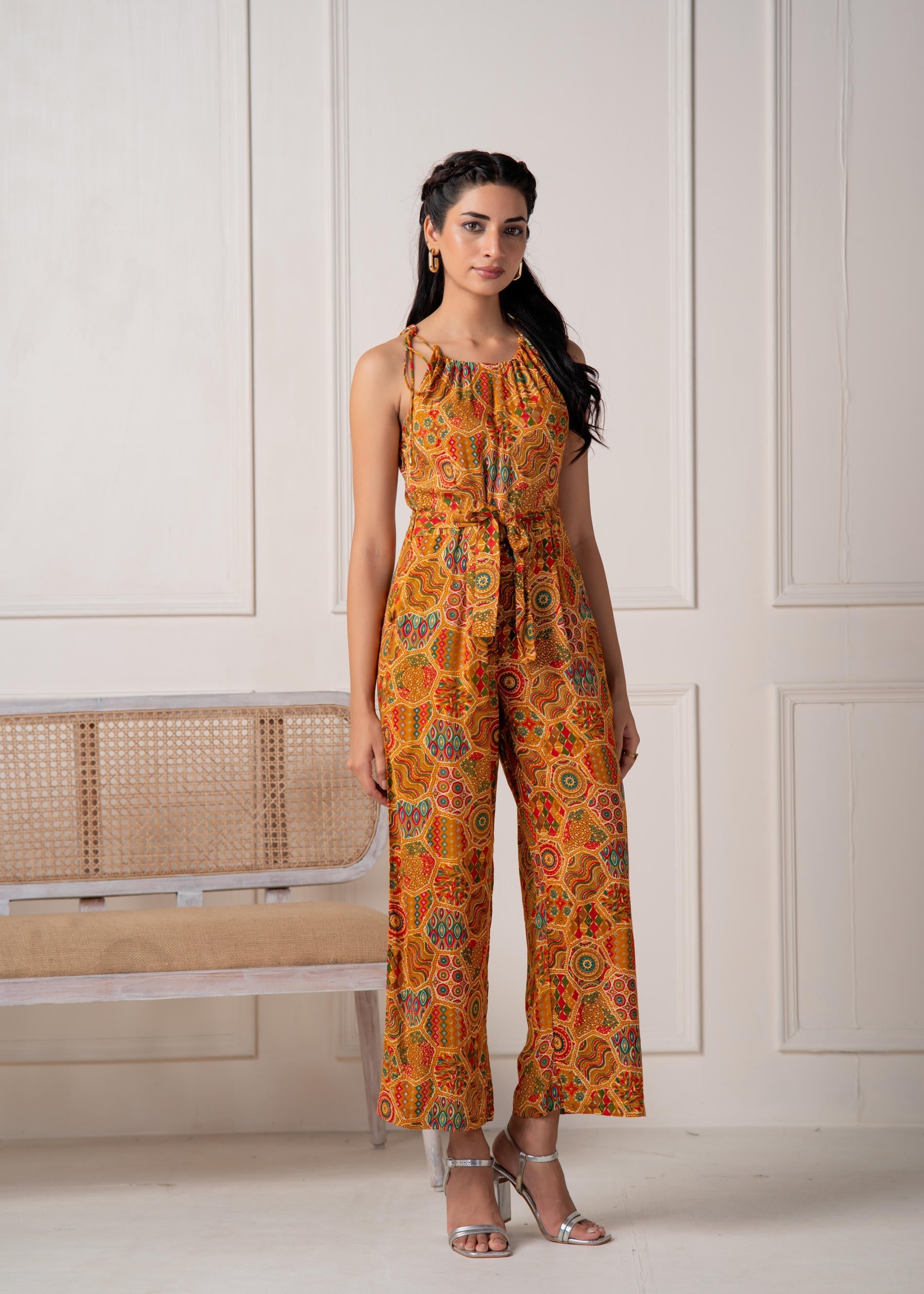 Mustard Printed Abstract Viscose Jumpsuit with Belt | DesiQlo