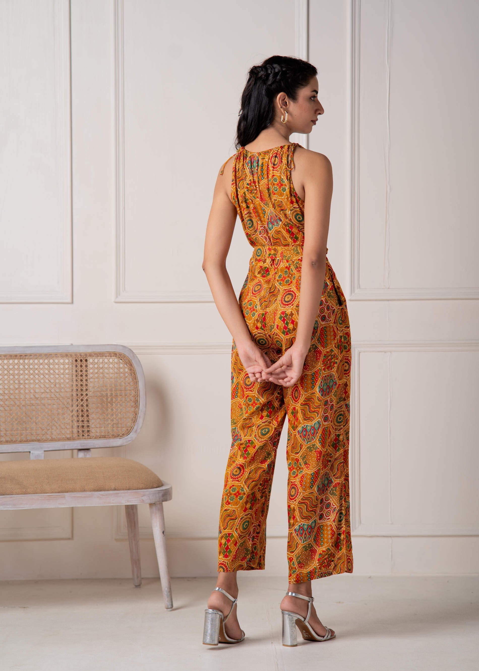 Mustard Printed Abstract Viscose Jumpsuit with Belt | DesiQlo