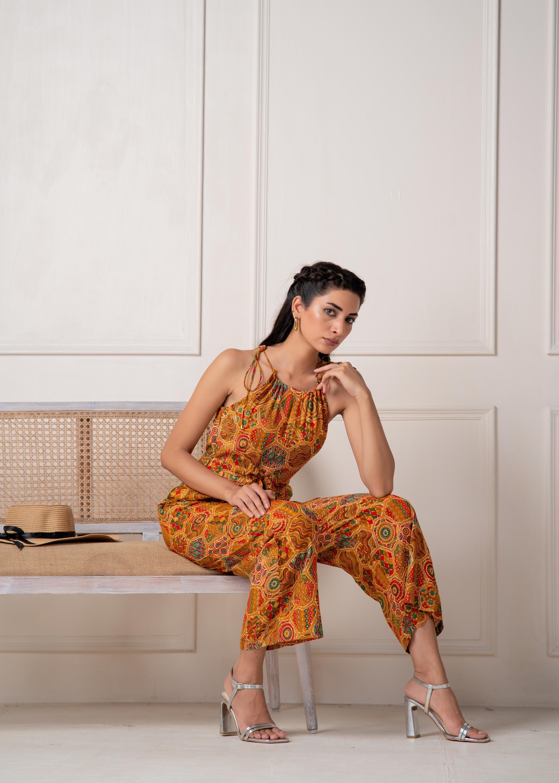 Mustard Printed Abstract Viscose Jumpsuit with Belt | DesiQlo