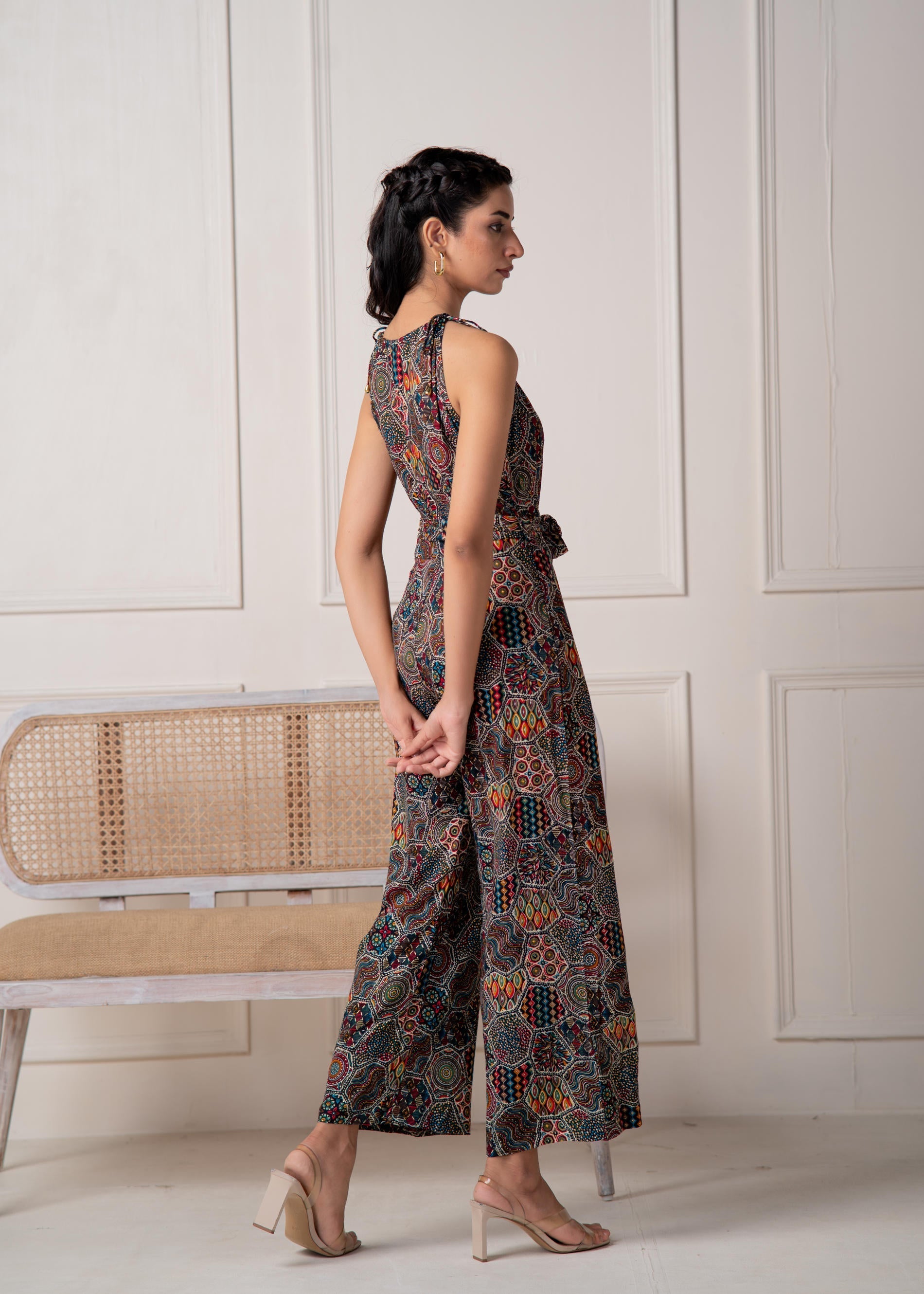 Navy Printed Abstract Viscose Jumpsuit with Belt | DesiQlo