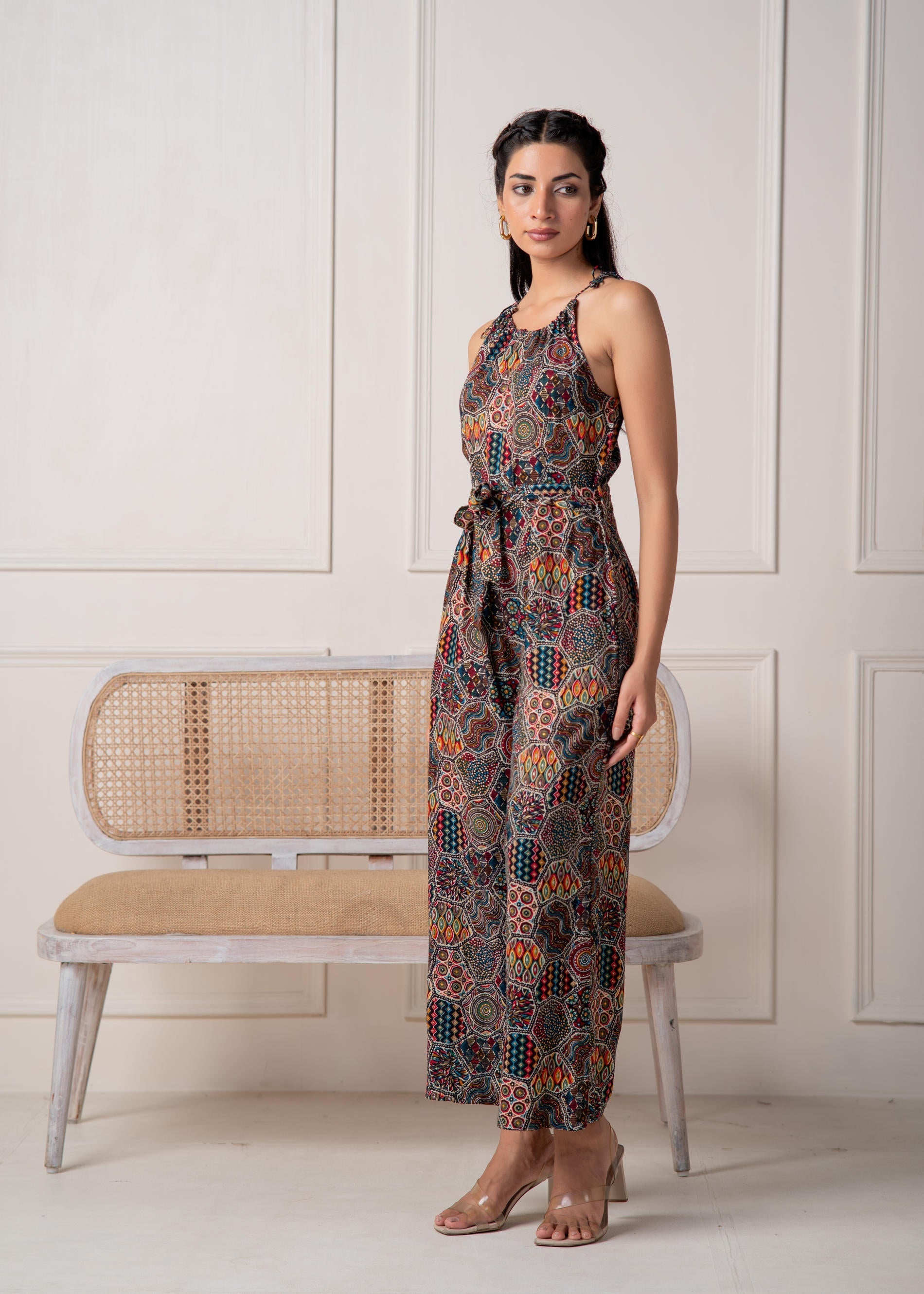 Navy Printed Abstract Viscose Jumpsuit with Belt | DesiQlo